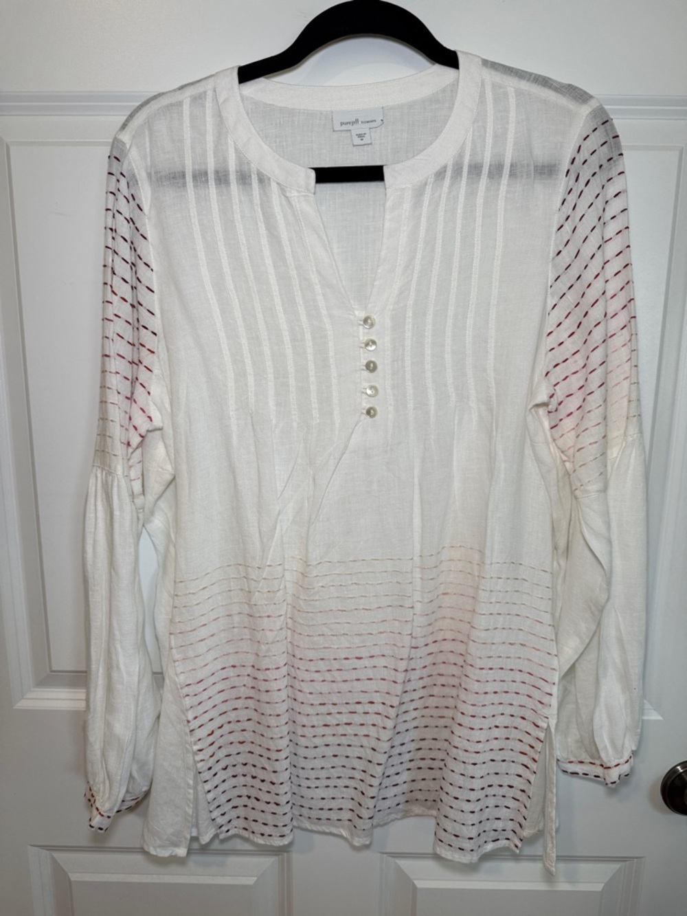 Purejill Elements White Split-Neck Tunic with Red Stitching